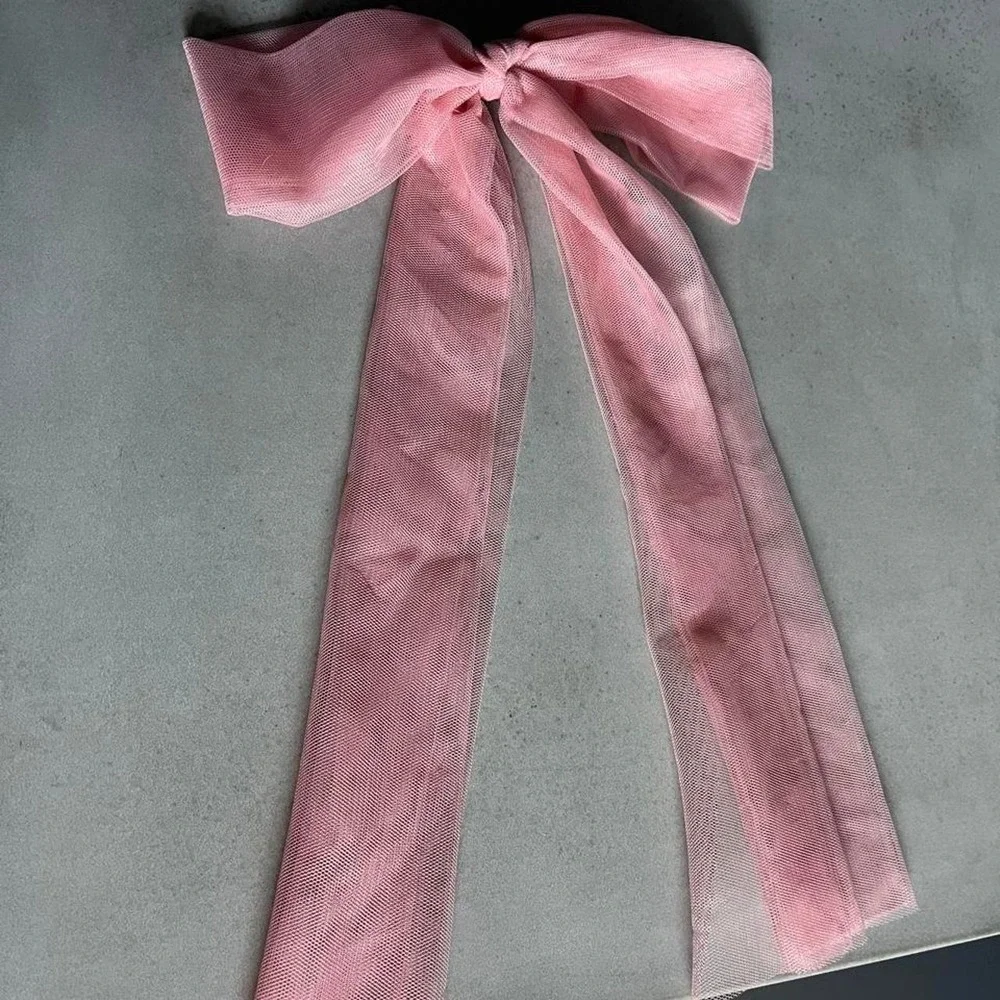 Baby Pink Preppy Tulle Mesh Hair Bow Long Tails Clip